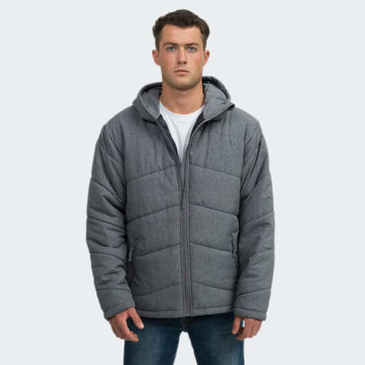 A grey puffer jacket with a hood, featuring a front zip and quilted design, worn by a model.