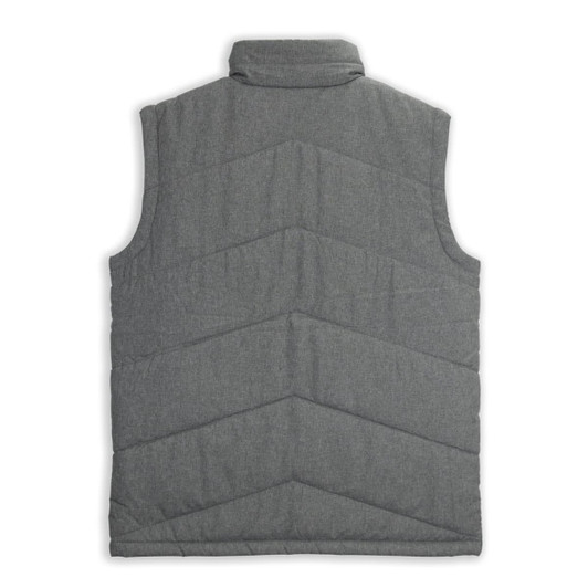 A grey puffer vest with a chevron quilted pattern and a high collar. The vest has no sleeves and features a logo.
