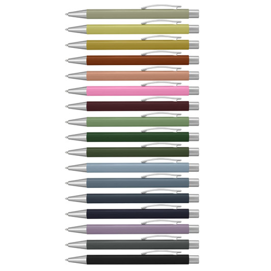 A collection of metal pens in various colours, each featuring a silver clip and detailing.