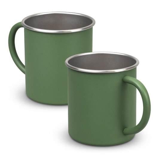 A green Campster Mug made of metal with a stainless steel rim and a sturdy handle, suitable for beverages.