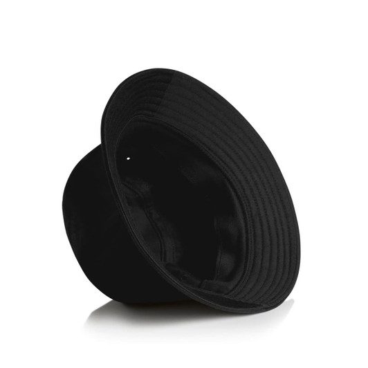 A black bucket hat featuring a wide brim and an interior lining. The hat has a logo on the inside.