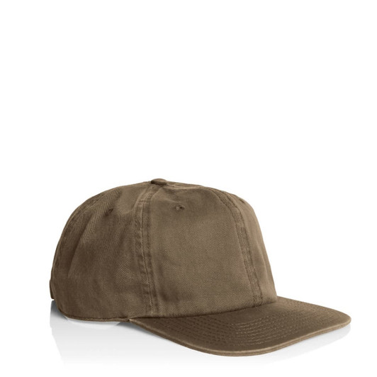 A brown cap with a flat brim and an adjustable strap at the back, featuring a small logo.
