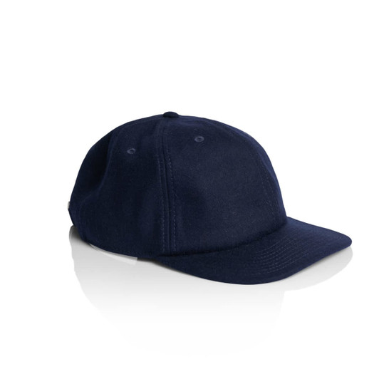 A navy wool cap featuring a curved brim and an adjustable strap at the back. It has a logo on the side.