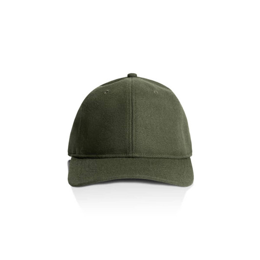A green wool cap with a structured front and curved brim, featuring a logo on the side.