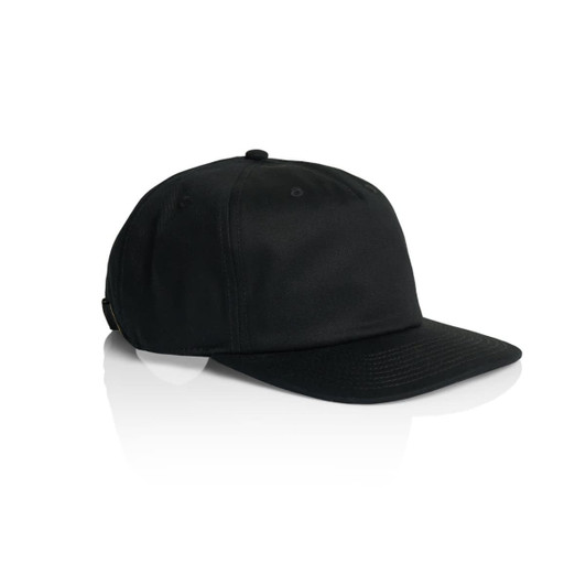 A black Class Five Panel Cap with a structured design and a branded logo on the side.