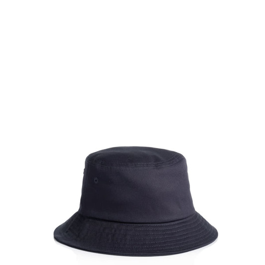 A dark navy bucket hat with a wide brim and a textured finish, featuring a small logo.
