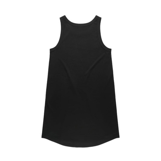 A black sleeveless dress with a slightly curved hemline and a simple design. It features a branding logo.