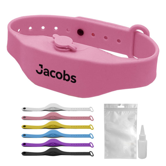 A pink wristband hand sanitiser dispenser with various coloured bands and a small bottle for refilling sanitiser.