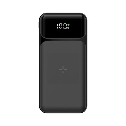 A black 10,000 mAh wireless power bank with a digital display and a logo.
