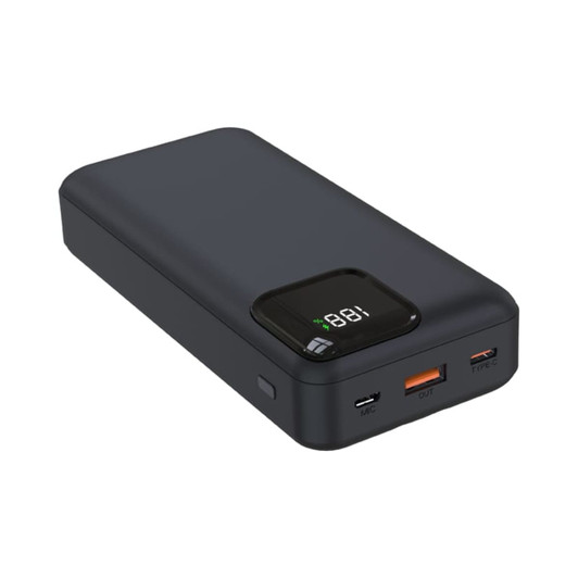 A sleek black power bank with a digital display, offering quick charge options and multiple ports.