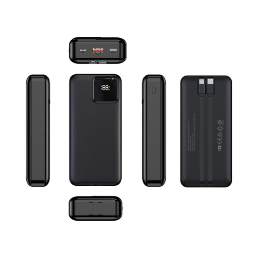 A black power bank featuring multiple angles, a digital display, and a logo. Capacity is 20,000 mAh.