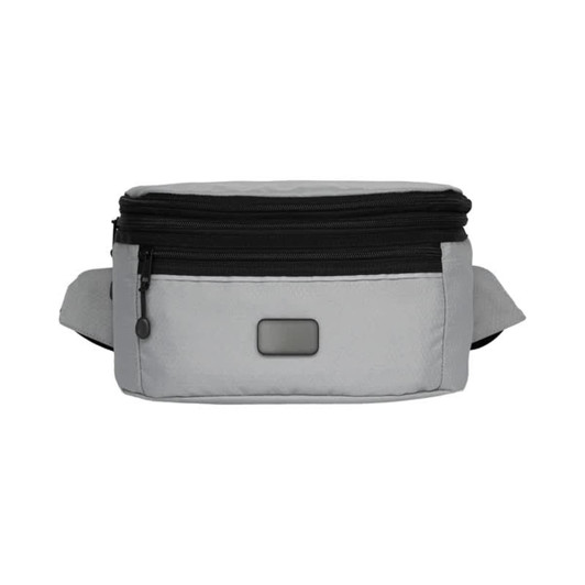 A grey bum bag with a black zipper and strap, featuring a branding logo on the front.