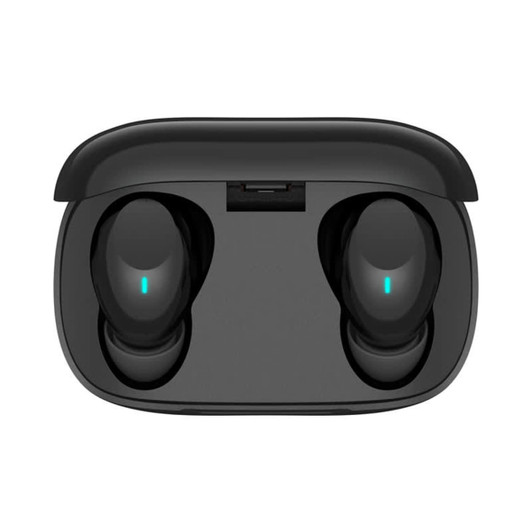 A pair of black Aria Pro ENC TWS earbuds inside a charging case, featuring a logo and indicator lights.