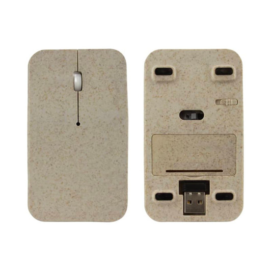 A wireless mouse with a light brown, textured surface featuring a USB receiver compartment and simple design elements.