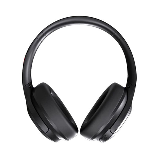 Black Bluetooth headphones with a sleek design and padded ear cups. Features a branding logo.