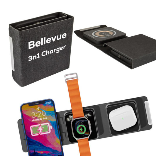 A black and grey magnetic wireless charger with slots for a phone, smartwatch, and earbuds. Features branding on the packaging.