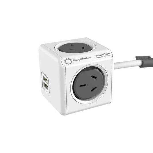 A white Power Cube Extended Duo USB with two power sockets and USB ports, featuring a logo on the side.