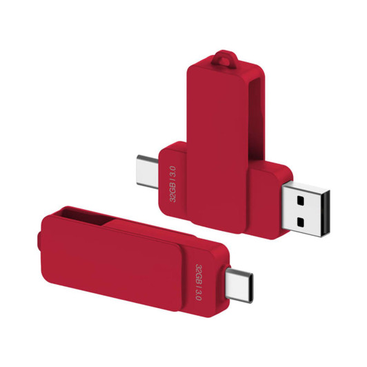 A red Twister Type-C flash drive with USB connectors on both ends, featuring a compact design and a branding logo.