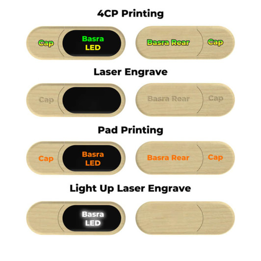 A wooden LED flash drive with a cap, showcasing different printing options and a logo area.