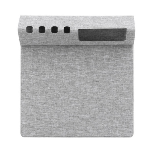 A grey foldable mouse pad made from RPET material, featuring a textured surface and a branding area.
