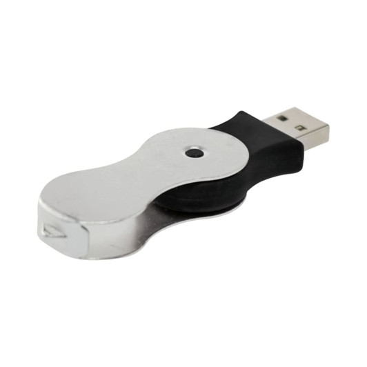A silver and black swivel flash drive, featuring a sleek design and a circular swivel mechanism.