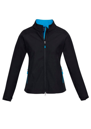 A soft shell jacket in black with blue accents and a zippered front, featuring two side pockets and a logo.