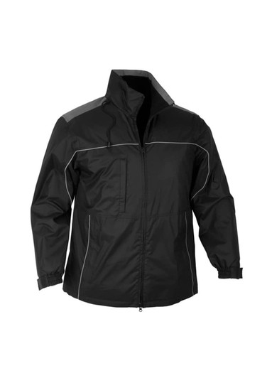 A black unisex jacket with a zip front, elastic cuffs, and reflective detailing. It features a logo on the chest.