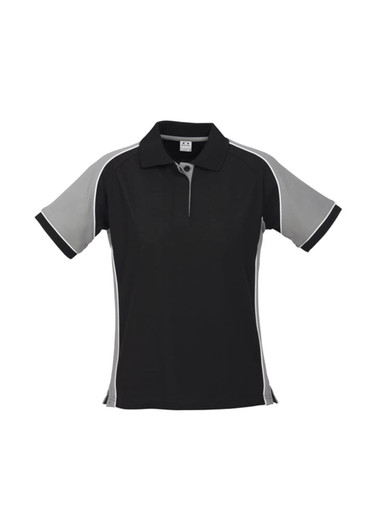 A black and grey women's polo shirt featuring short sleeves and a collar, with a branding logo.