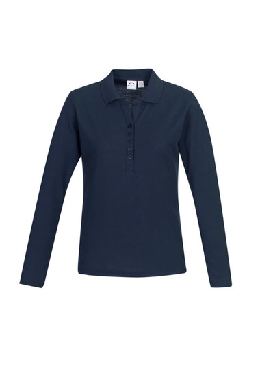 A navy long sleeve polo shirt for women featuring a button-up front and a collar. It has a logo on the chest.