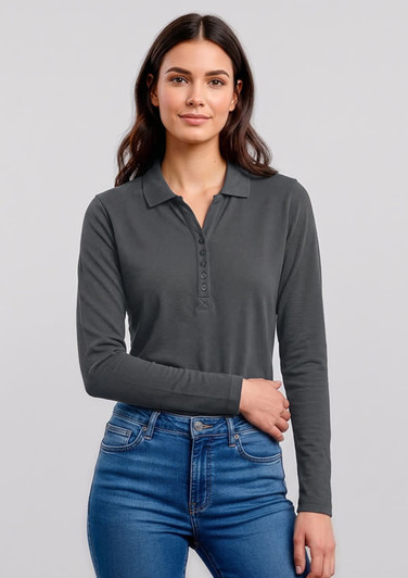 A long sleeve polo shirt in dark grey, featuring a buttoned placket and worn with blue jeans. A logo is present.