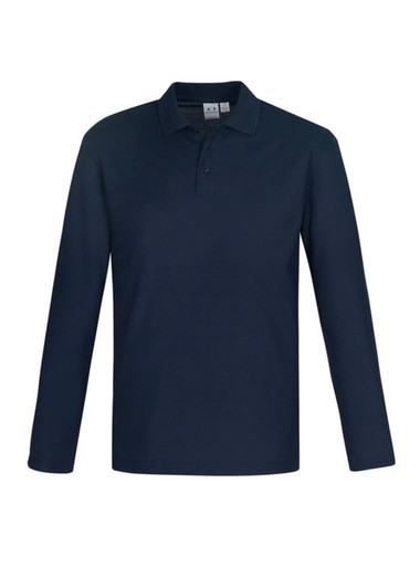 A long sleeve polo shirt in navy blue with a collar and a logo.