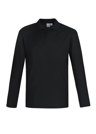 A long sleeve polo shirt in black, featuring a collar and a logo on the chest.