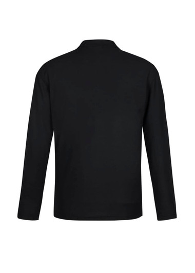 A black long sleeve polo shirt with a collar, featuring a logo on the back.