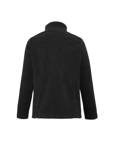 A black women's plain micro fleece jacket with a high collar and long sleeves, featuring a logo.