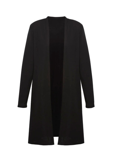 A black longline cardigan with an open front and long sleeves, featuring a subtle logo.
