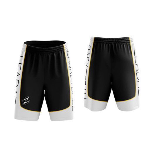 Black and white basketball shorts featuring a logo and yellow accents on the sides.