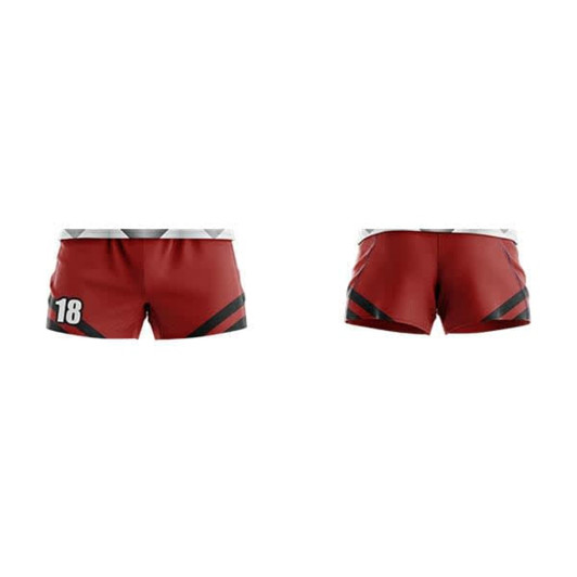 Rugby/AFL shorts in red with black accents and a logo, featuring a number on the side.