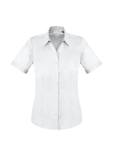A white short sleeve button-up shirt with a fitted silhouette and rolled cuffs, featuring a logo.