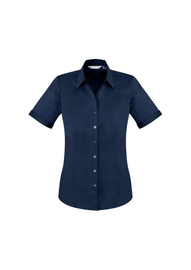 A navy blue women's short sleeve button-up shirt featuring a fitted design and a collar. It has a logo on the chest area.