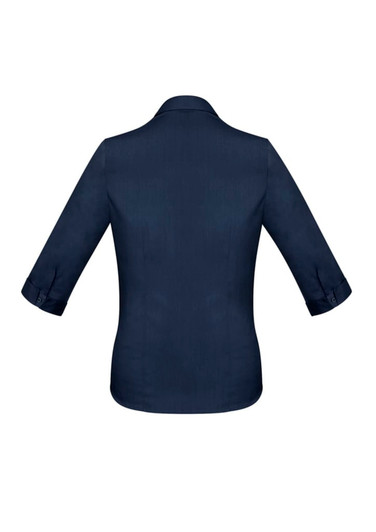 A navy blue women's button-up shirt with 3/4 sleeves. The shirt features a standard collar and rolled cuffs.