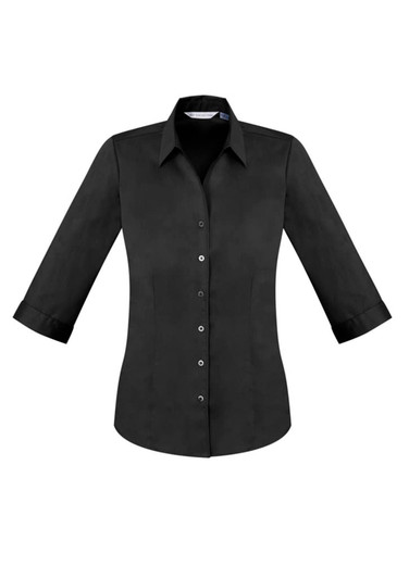 A black button-up shirt featuring 3/4 sleeves and a collar, with a logo on the design.