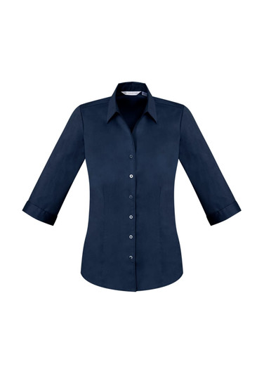 A navy blue women's button-up shirt with 3/4 sleeves and a collared neck. Features a logo on the chest.