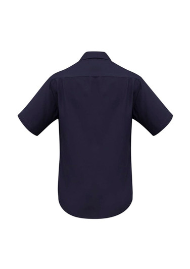 A plain navy blue short sleeve button-up shirt with a classic collar and a simple design.