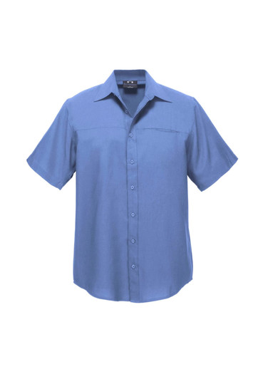 A short-sleeve button-up shirt in blue with a pocket and a logo feature.