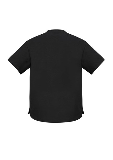 A black women's scrub top featuring short sleeves and a classic design, with a logo on the back.