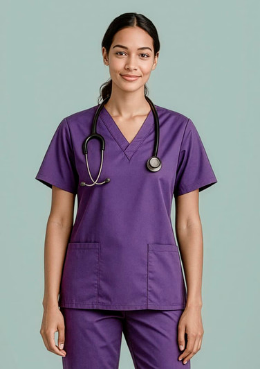 A purple women's scrub top with short sleeves and a V-neck, featuring pockets and a stethoscope.