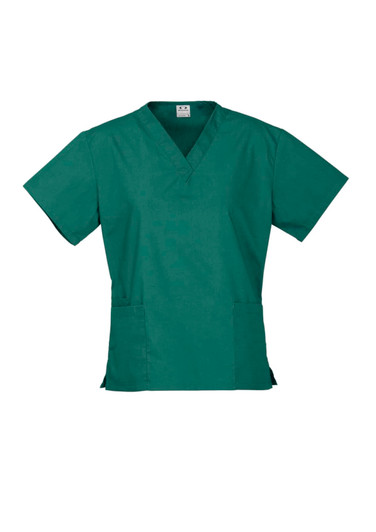 A teal scrub top with short sleeves, featuring a V-neck and two front pockets. Includes a logo.