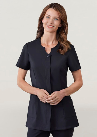 A women's black tunic featuring short sleeves, a button front, and two pockets. It has a logo.