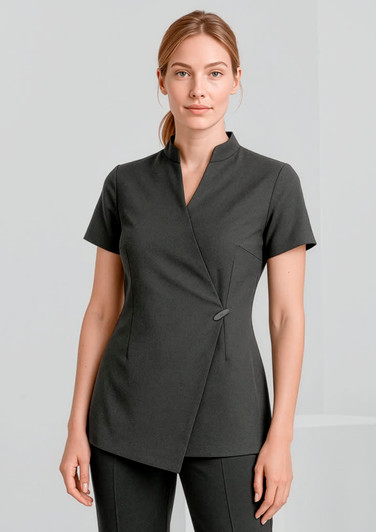 A dark grey women's tunic with a wrap design and short sleeves, featuring a brand logo.