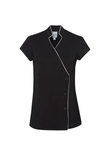 A black crossover tunic with short sleeves and white piping, featuring a button closure and logo.